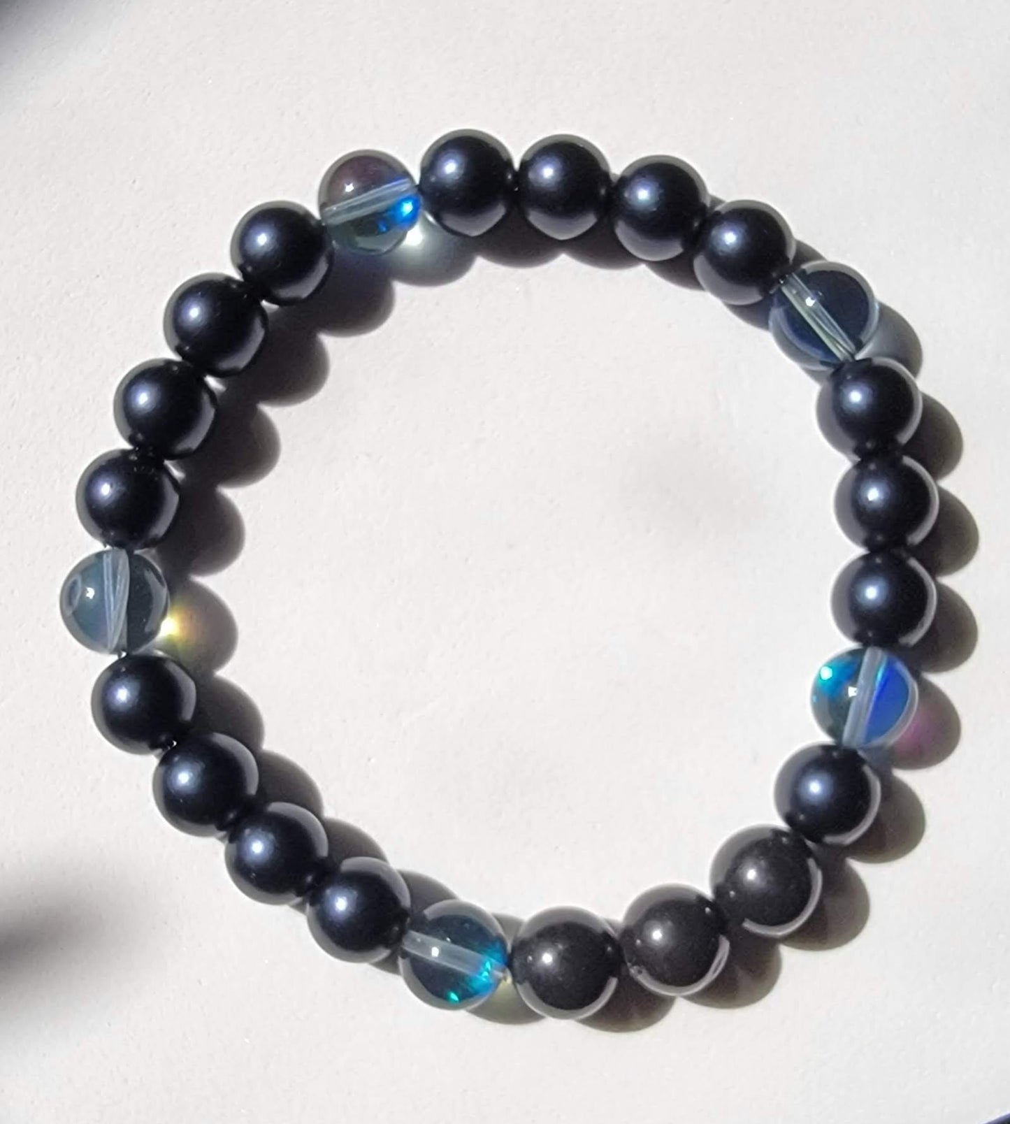 Matte Black Agate Blue Mermaid Focal Stretchy Bracelet