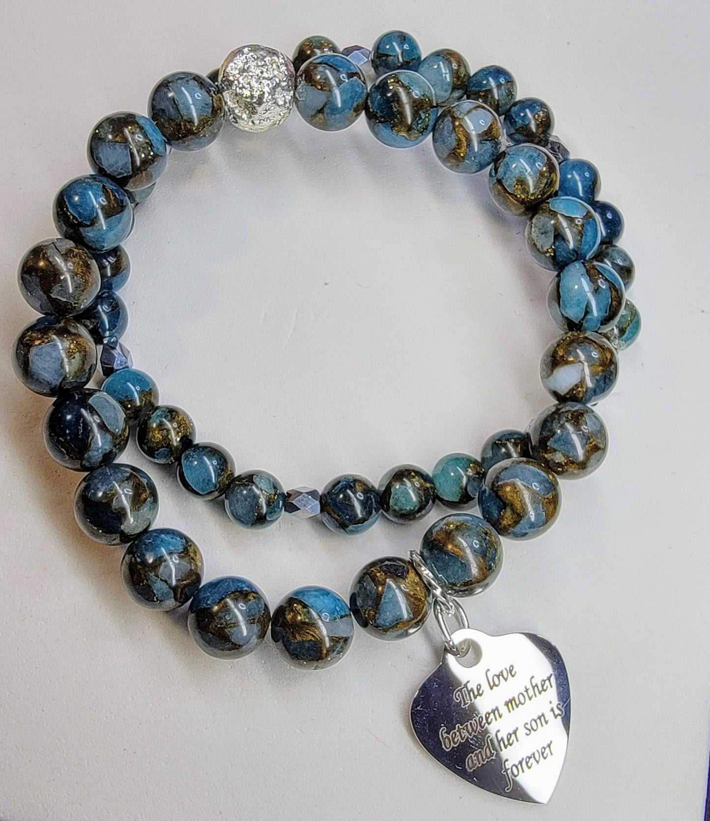 Mother Son Twin Blue Green Jasper Silver Accent Stretchy Bracelet Set