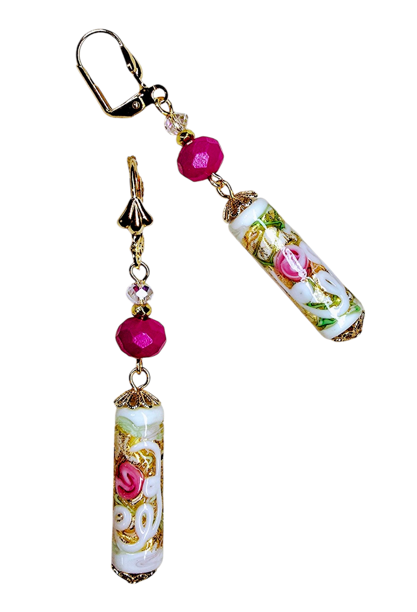 Pink Rose White Venetian Glass Tube Dangle Earrings