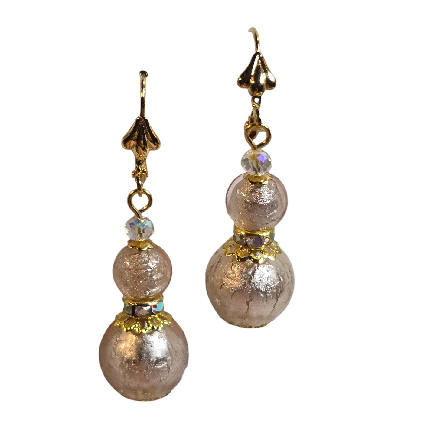 Pastel Pink Double Round Silver Venetian Glass Dangle Earrings
