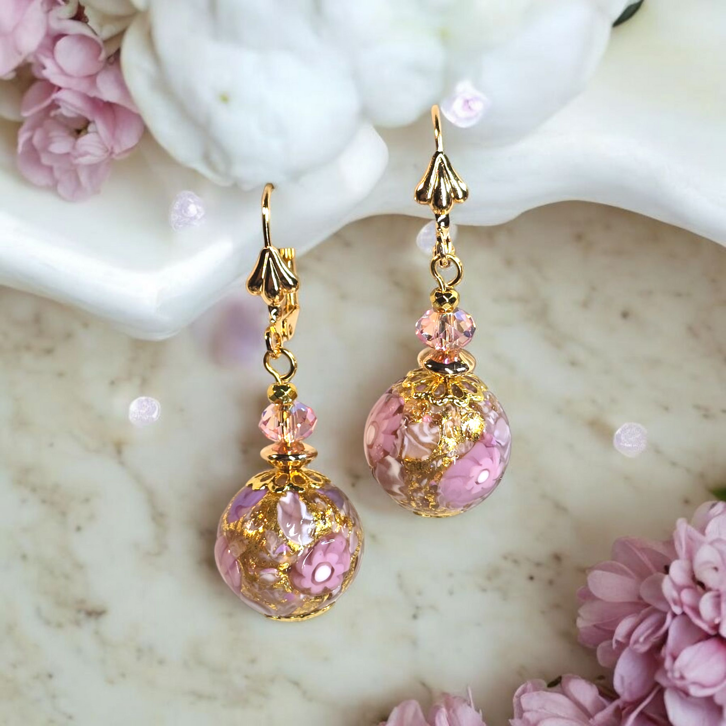 Pink Millefiori Round Gold Venetian Glass Dangle Earrings