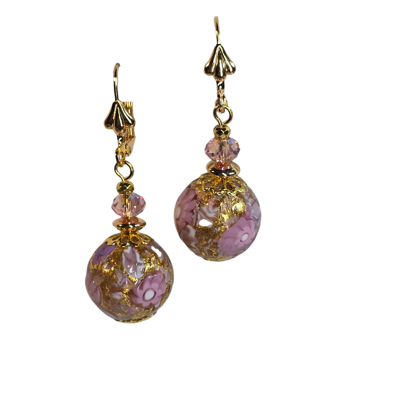 Pink Millefiori Round Gold Venetian Glass Dangle Earrings