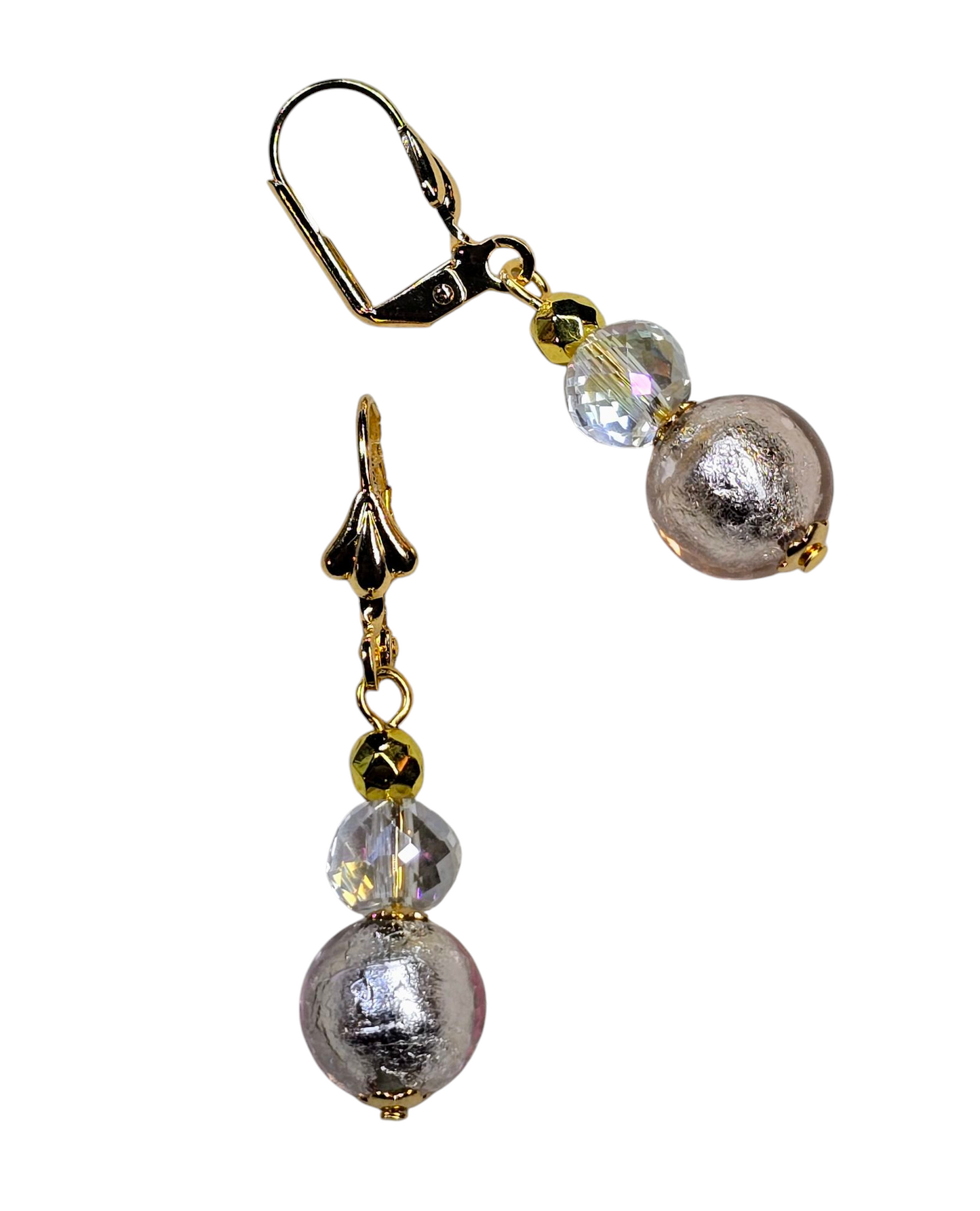 Pastel Pink Round Silver Venetian Glass Dangle Earrings