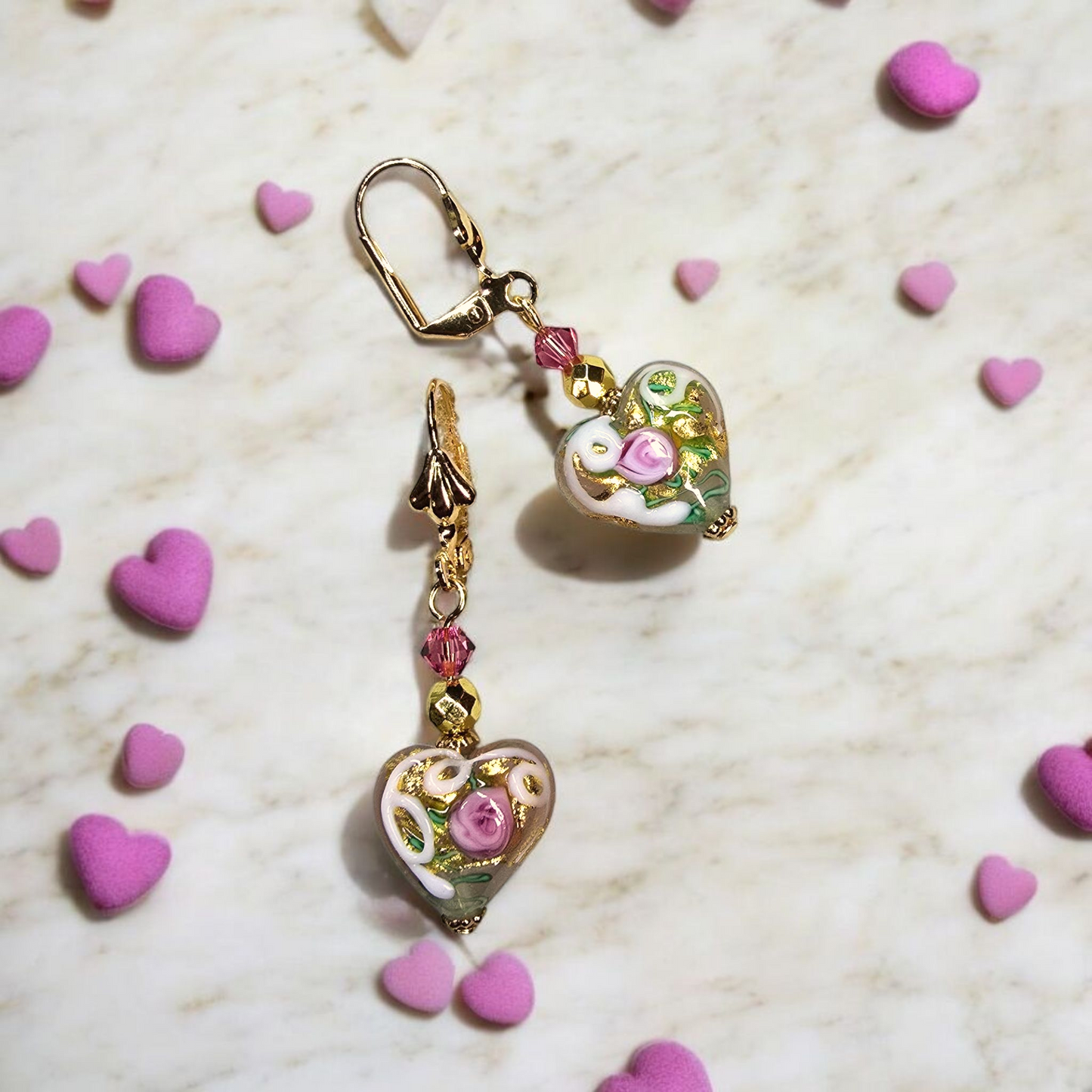 Pink Rose White Venetian Glass Heart Dangle Earrings