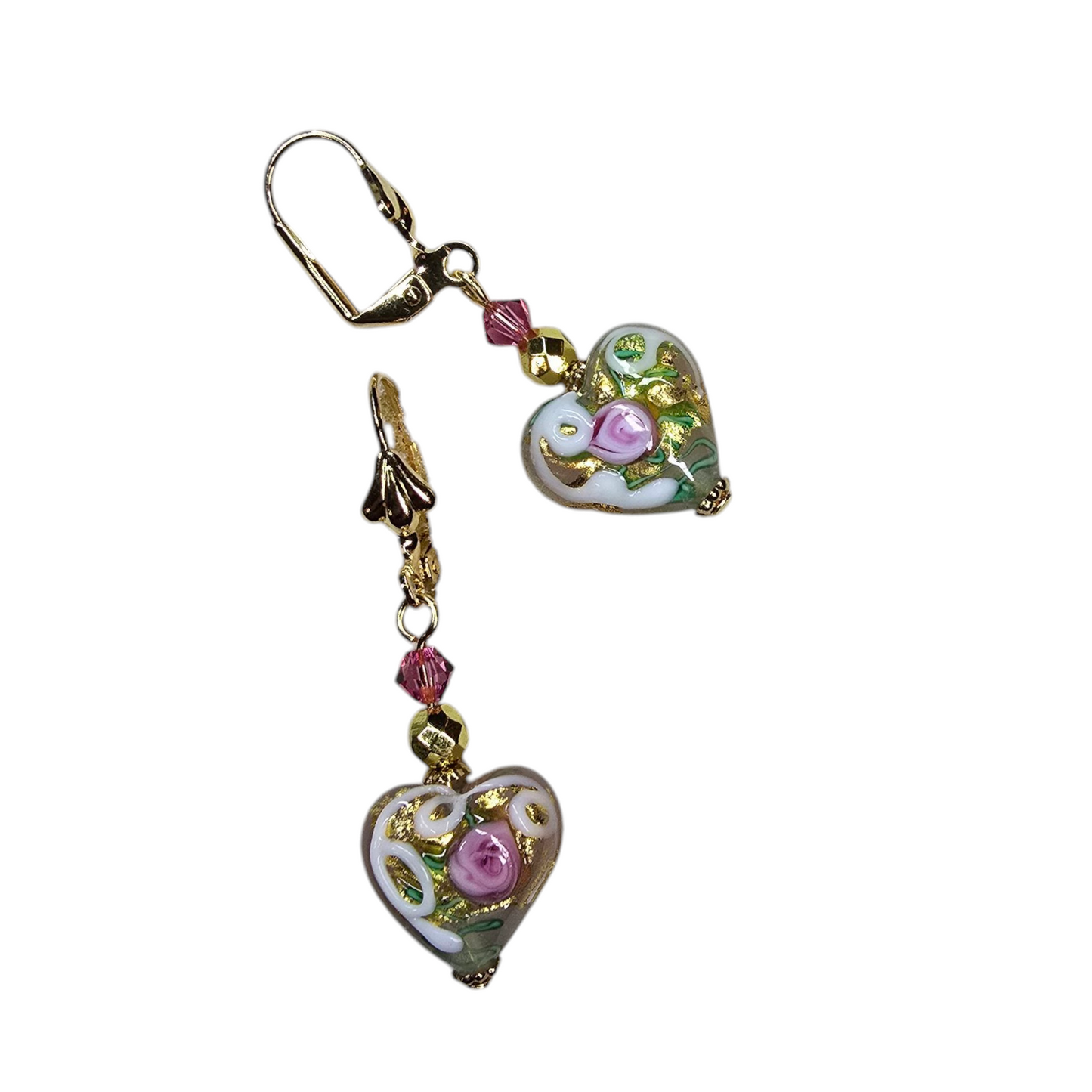 Pink Rose White Venetian Glass Heart Dangle Earrings
