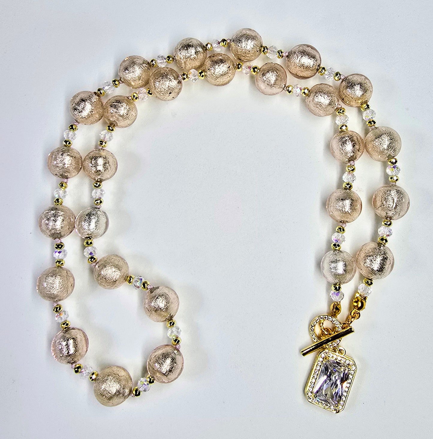 Venetian Glass Silver Foil Pastel Pink Round Beaded Necklace