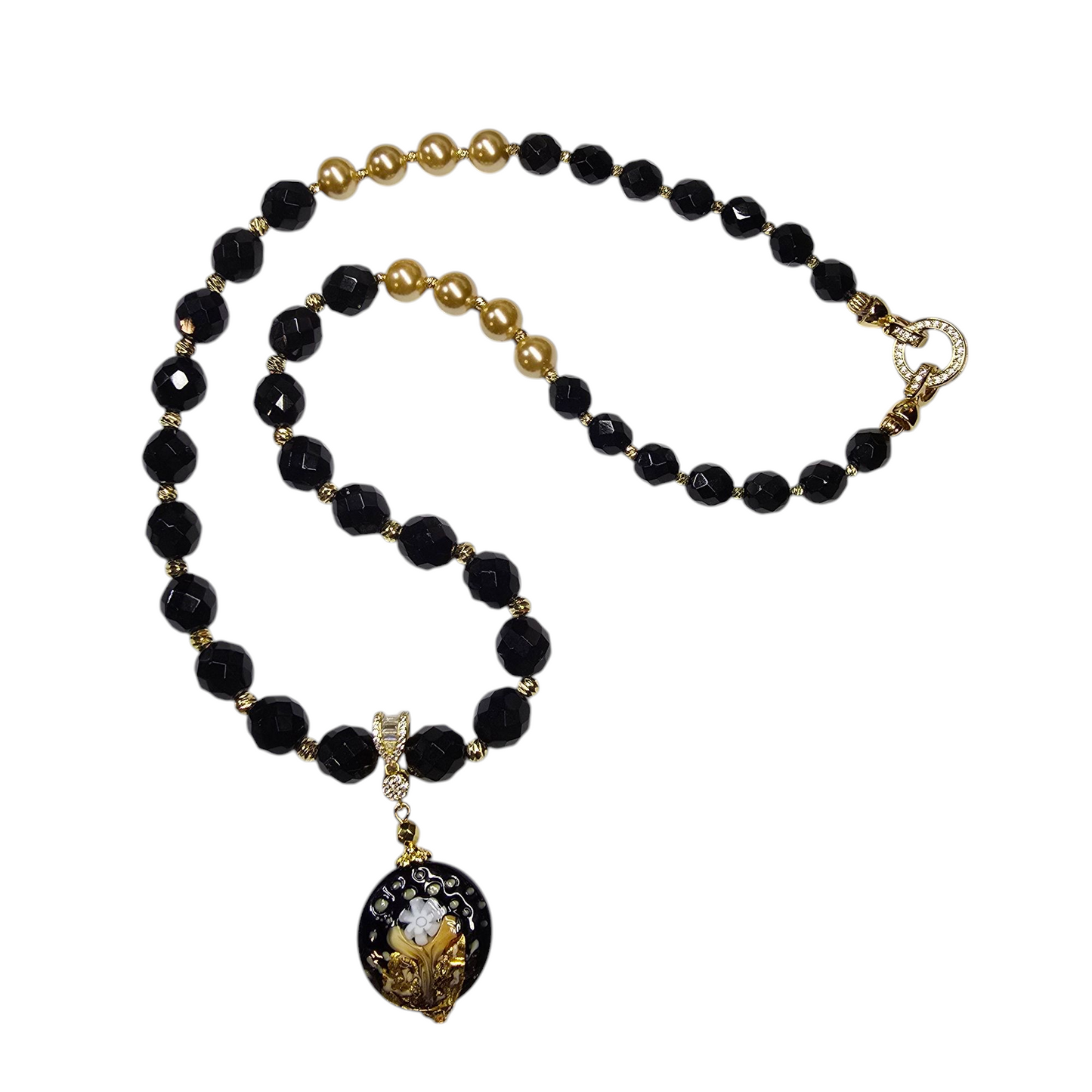 Venetian Glass Floral Focal Pearl Black Beaded Necklace