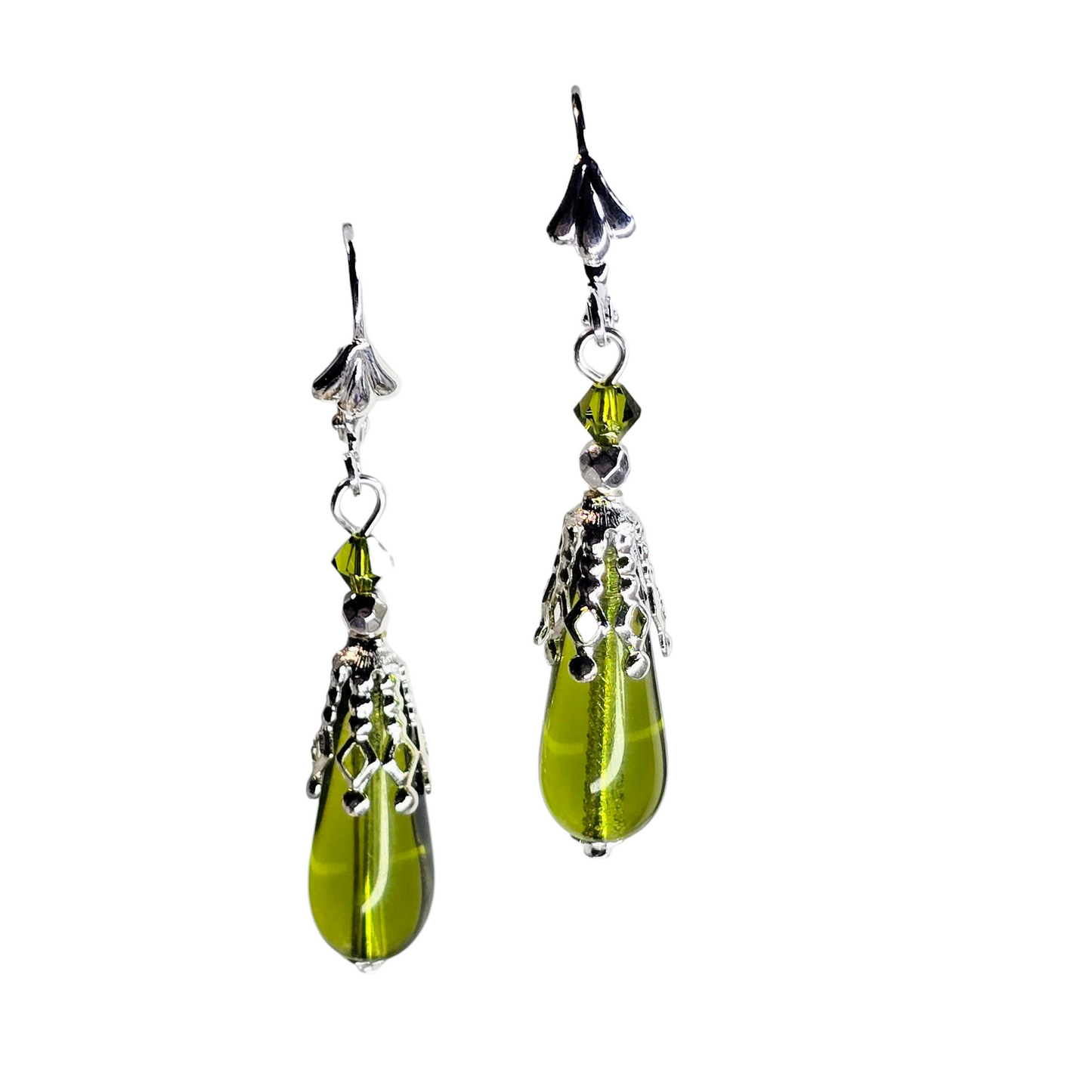 Venetian Glass Olive Green Silver Filagree Cap Dangle Earrings