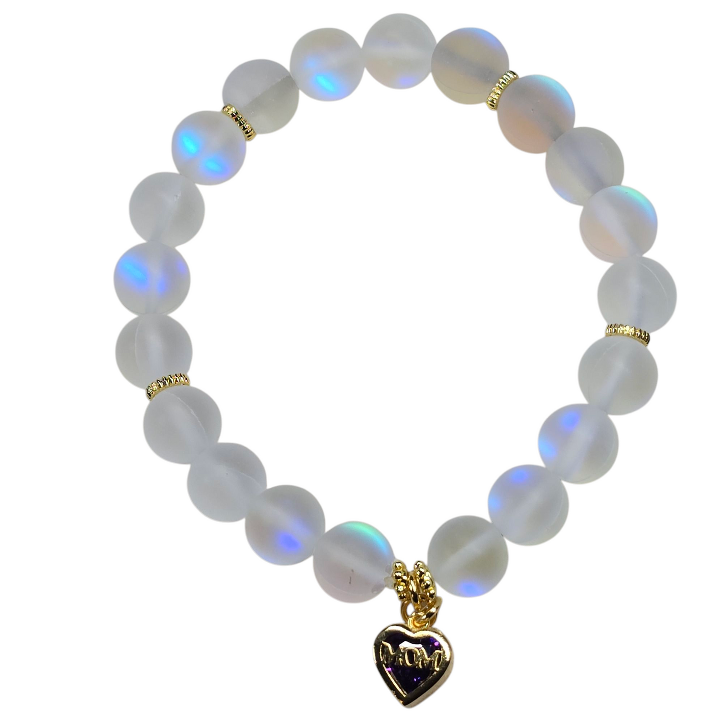 Blue Crystal Heart "Mom" White Matte Stretchy Bracelet