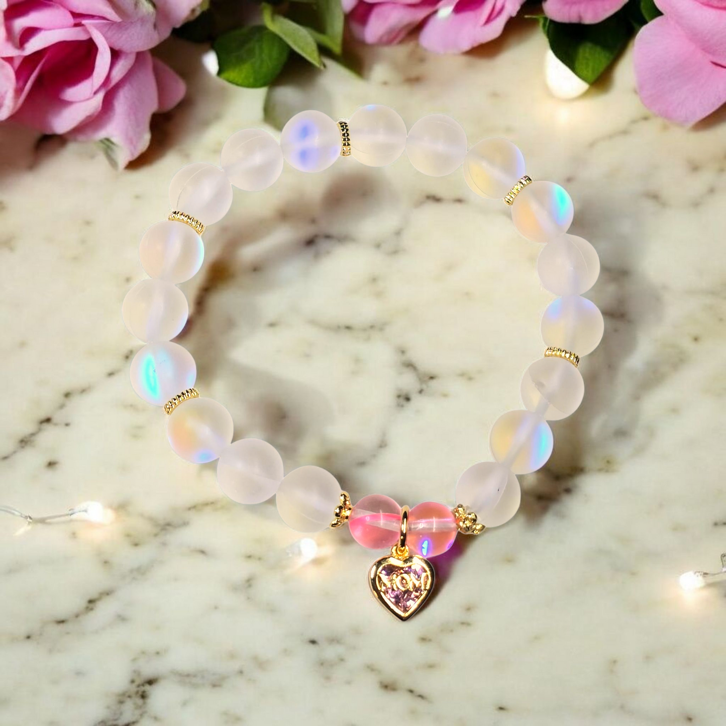 Pink Crystal Heart "Mom" White Matte Stretchy Bracelet