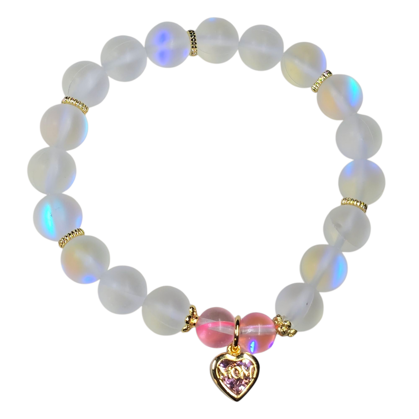 Pink Crystal Heart "Mom" White Matte Stretchy Bracelet
