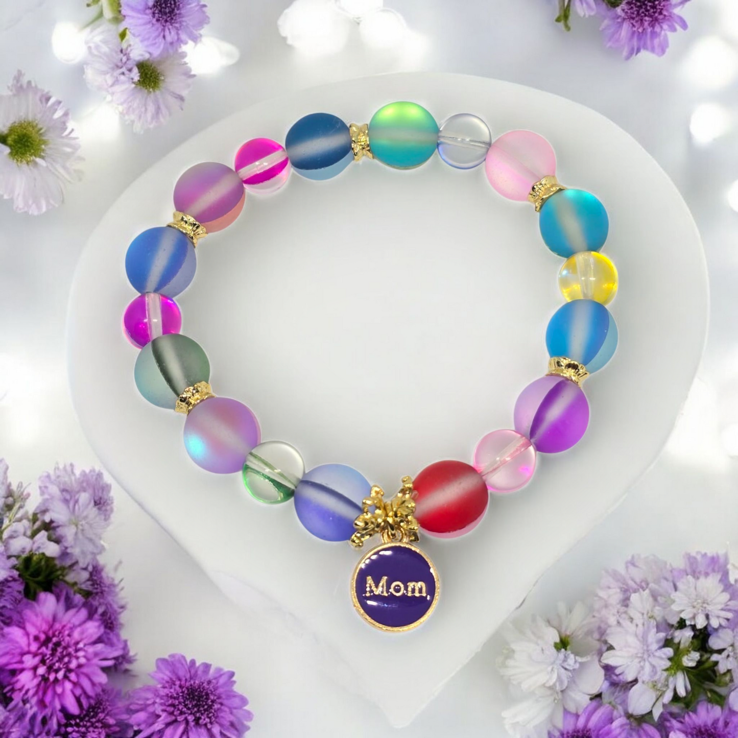 Stretchy Round Blue "Mom" and Heart Charm Bracelet