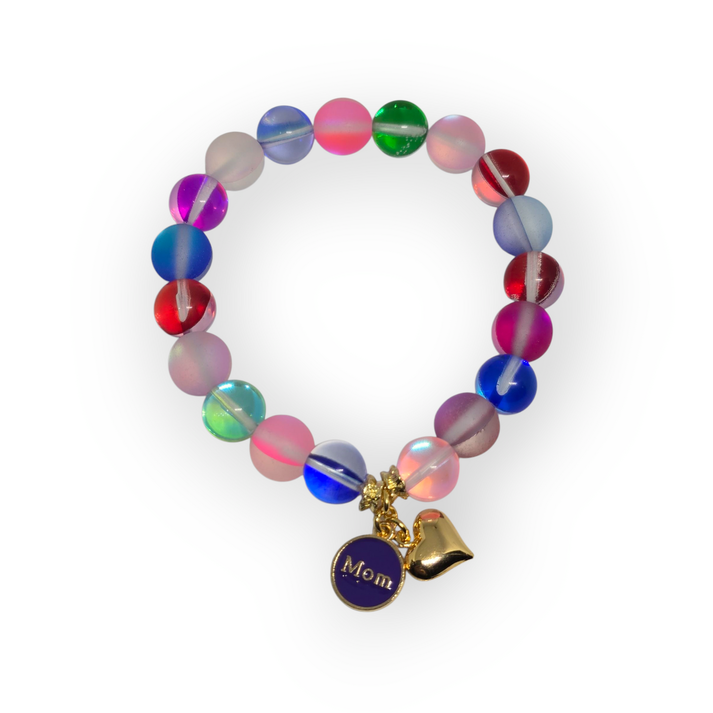 Stretchy Round Purple "Mom" and Heart Charm Bracelet