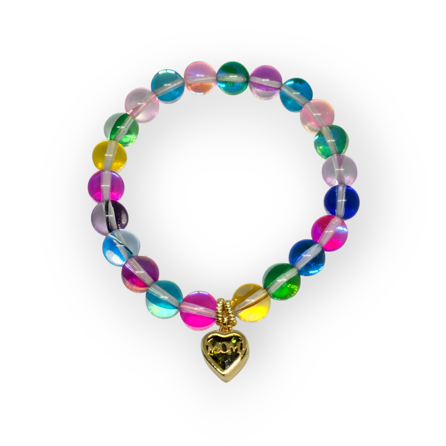 Green Crystal Heart "Mom" Charm Stretchy Bracelet