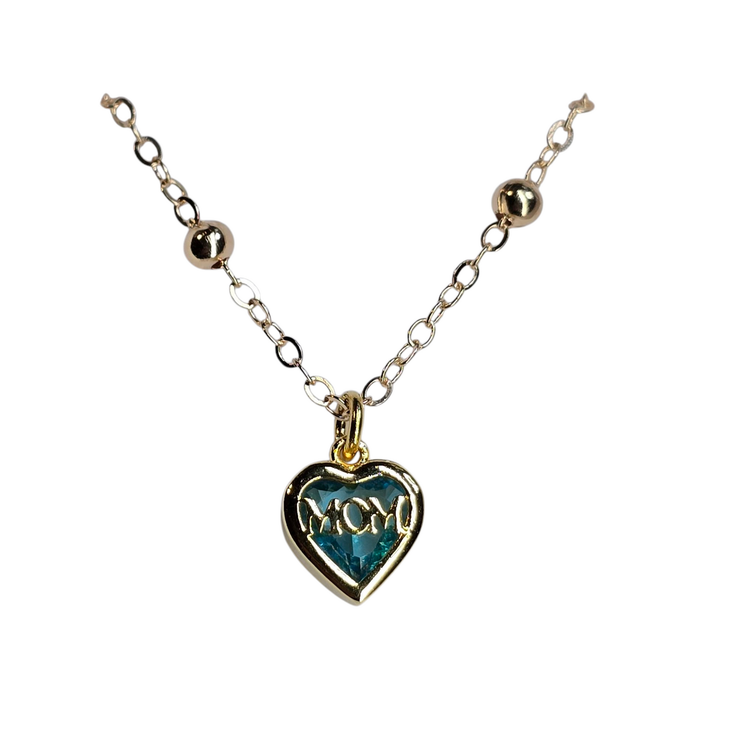 Aqua Blue Crystal Heart "Mom" Necklace