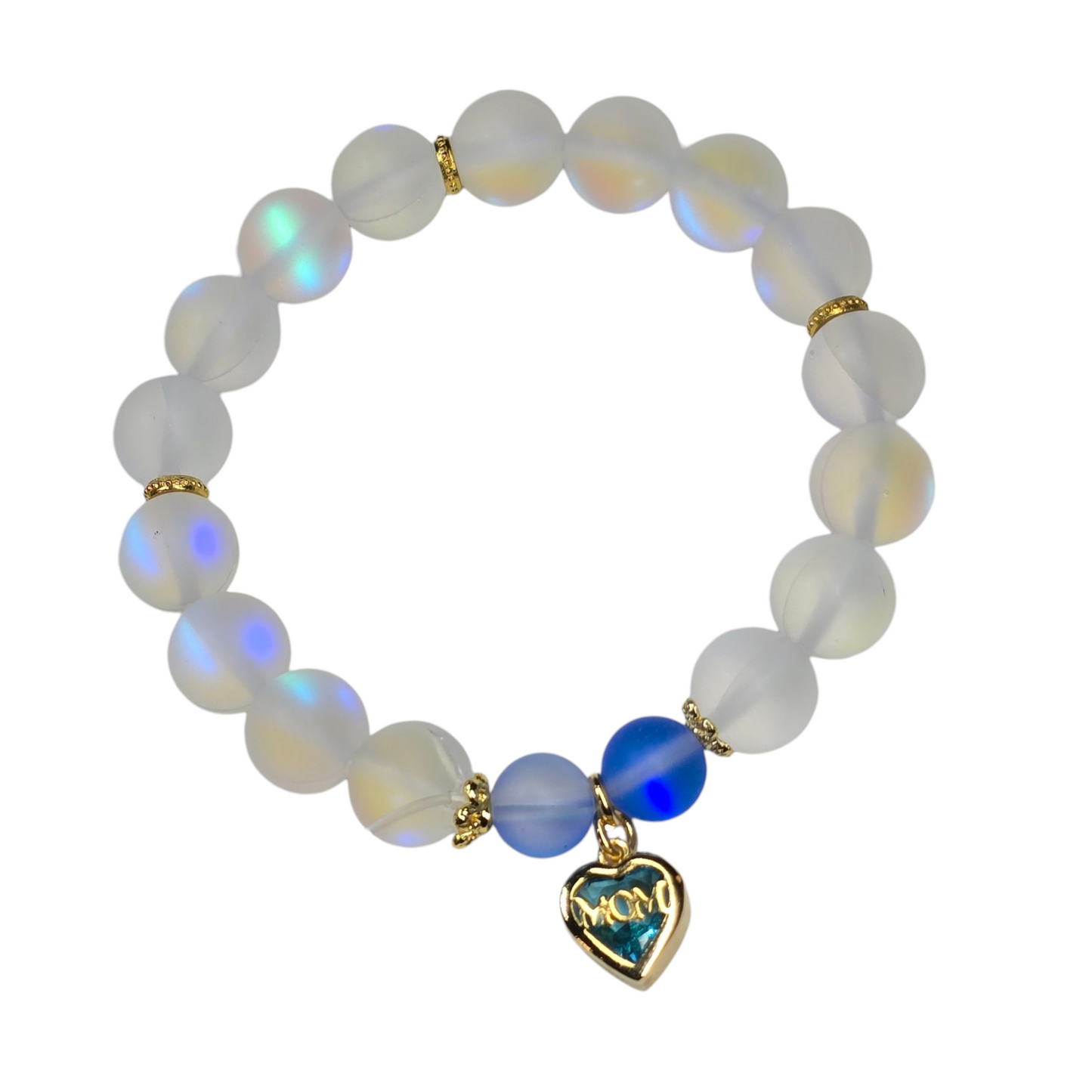 Blue Crystal Heart "Mom" White Matte Stretchy Bracelet
