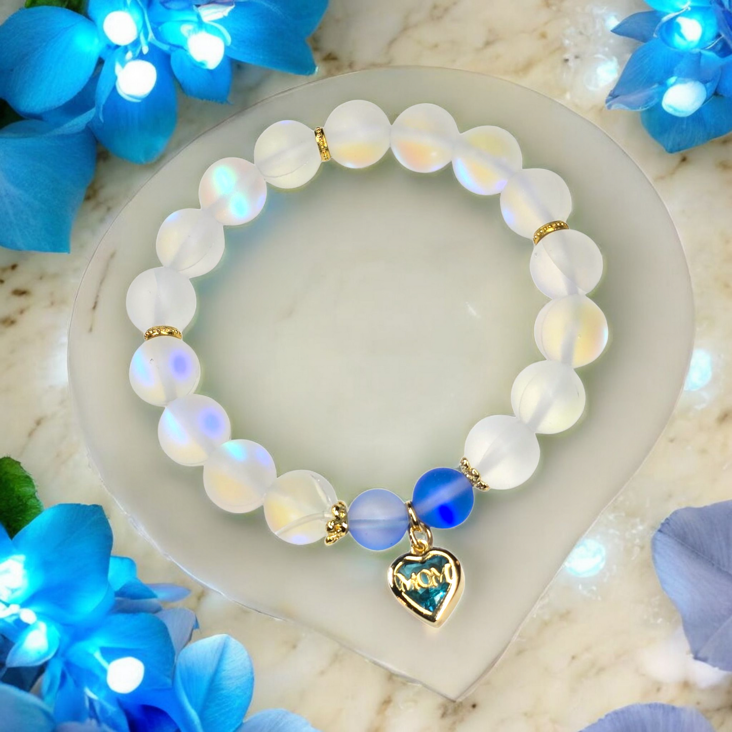 Blue Crystal Heart "Mom" White Matte Stretchy Bracelet