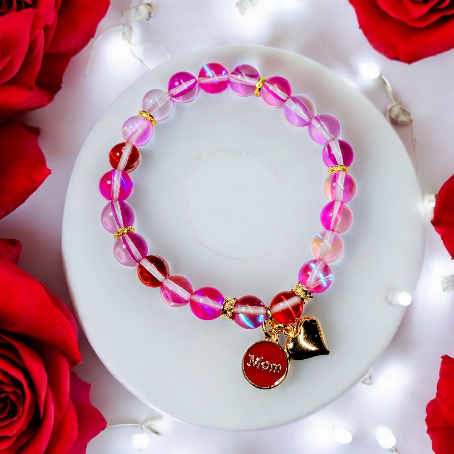 Stretchy Round Red "Mom" and Heart Charm Bracelet