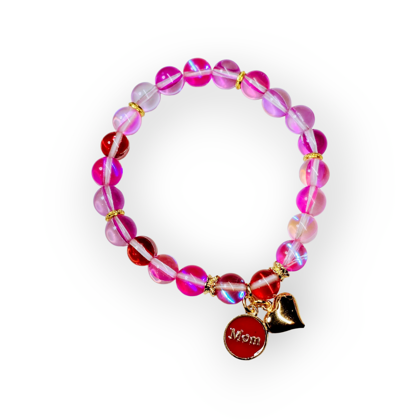Stretchy Round Red "Mom" and Heart Charm Bracelet