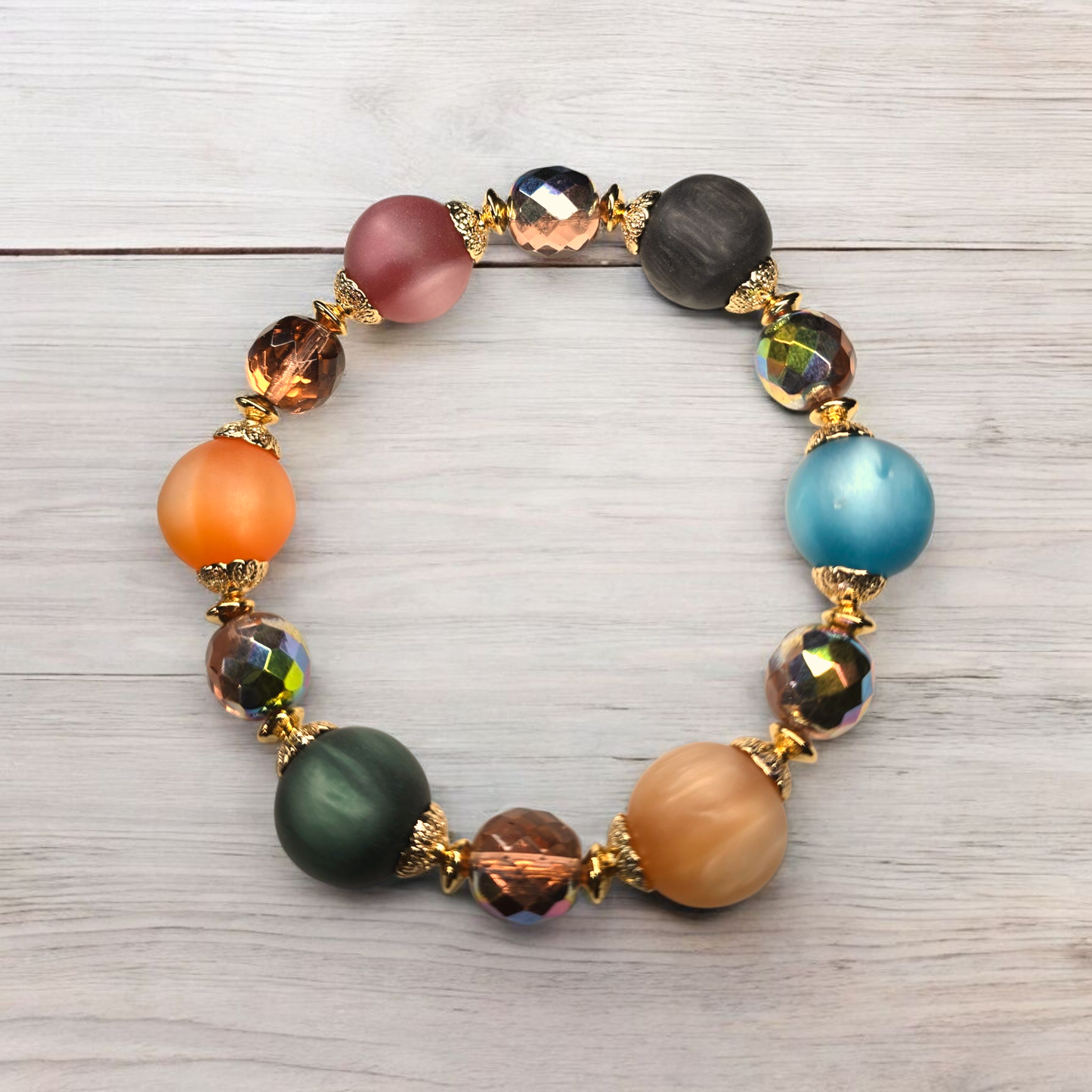 Marble Lucite 12 mm Beads Rose Faceted Accent Stretchy Bracelet