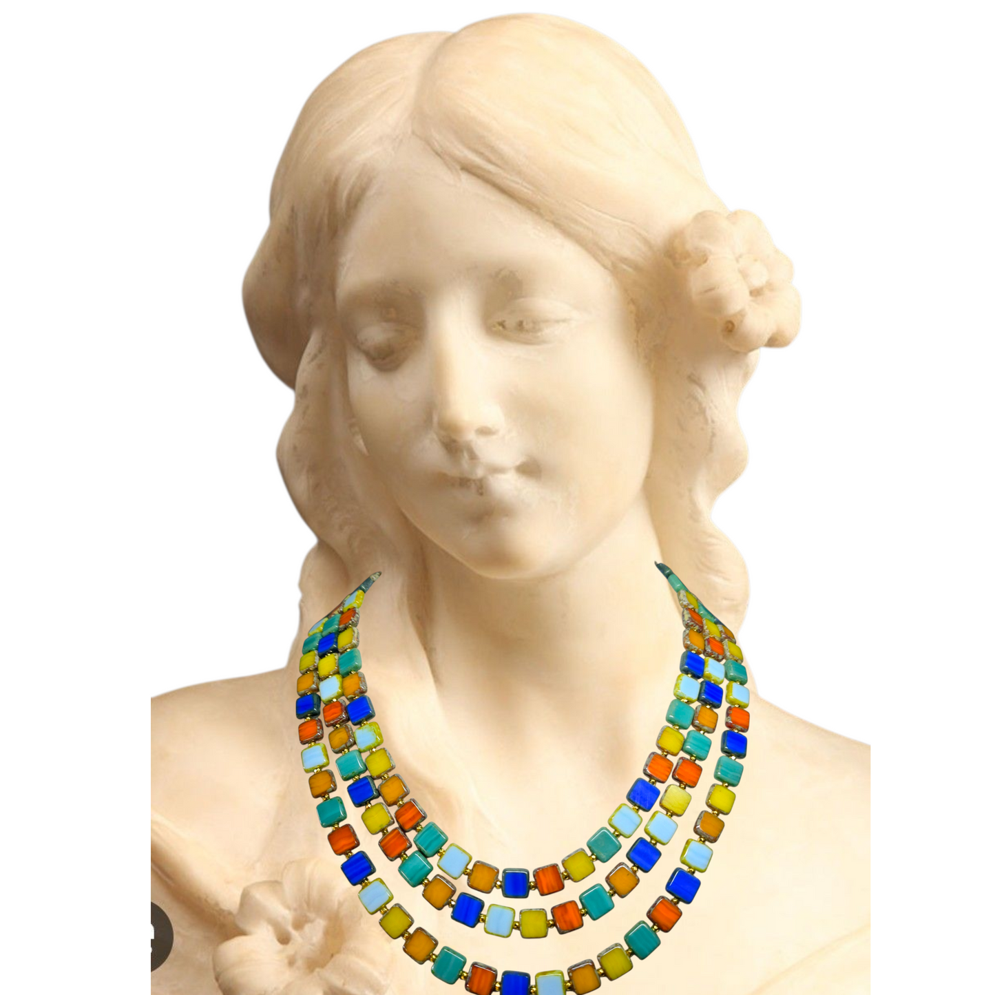 Venetian Glass Tile Gold Triple Strand Necklace