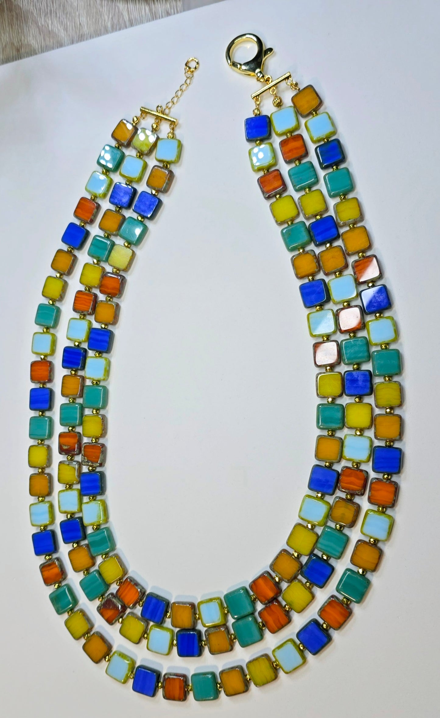 Venetian Glass Tile Gold Triple Strand Necklace