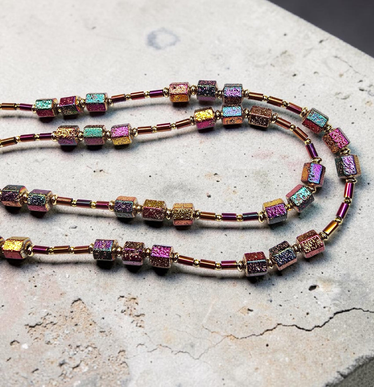Fall Colors Faceted Barrel Hematite Semi Precious Stone Necklace