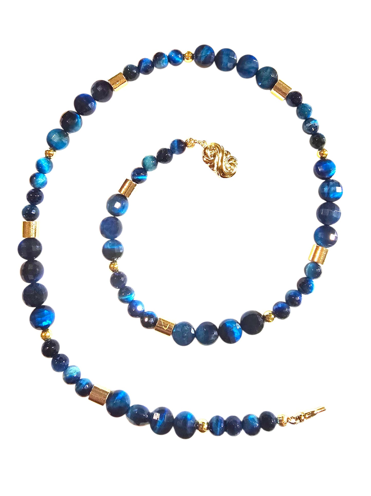 Blue Tiger Eye Disc Gold Barrel Bead Accent Necklace