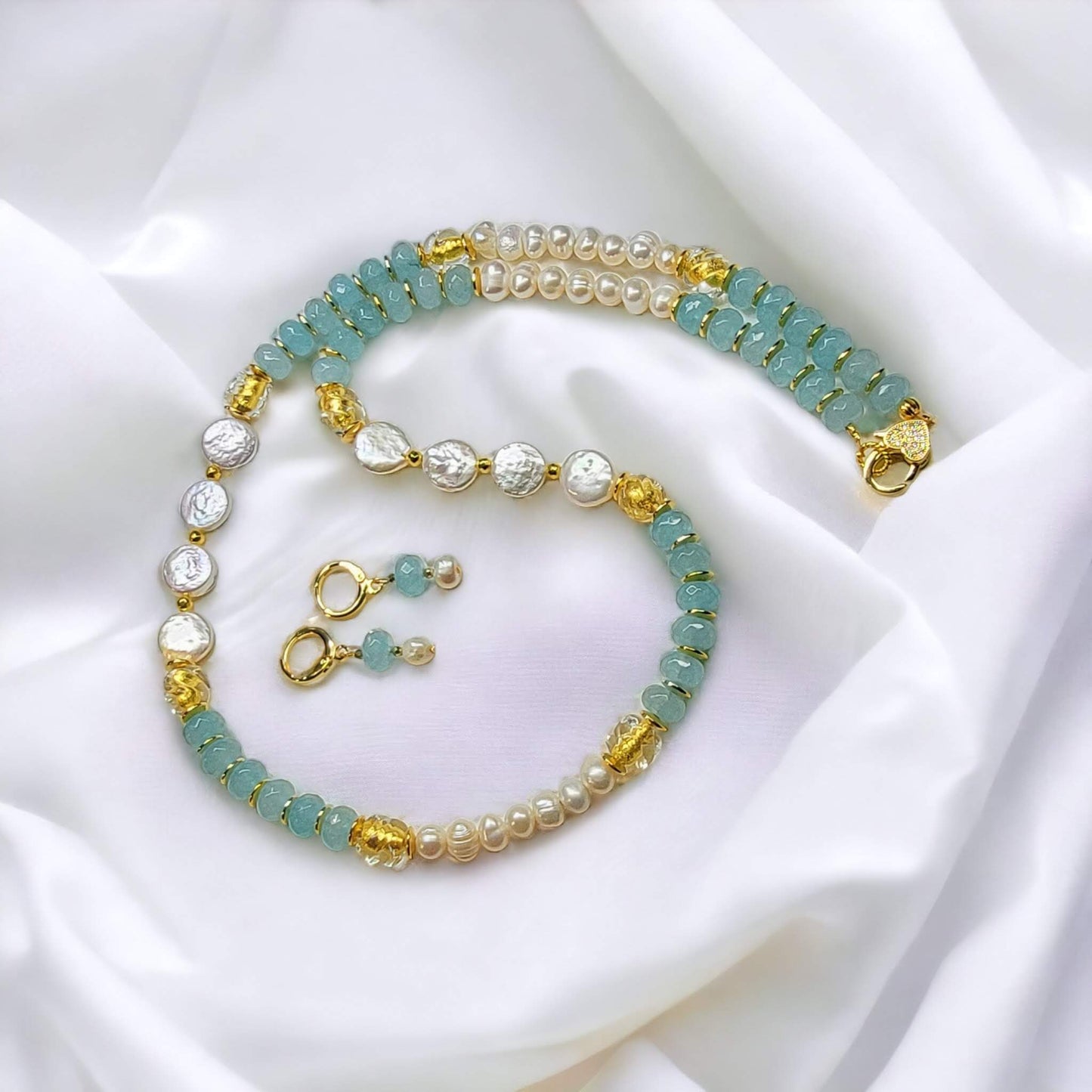 Freshwater Pearl Venetian Glass Aqua Agate Set