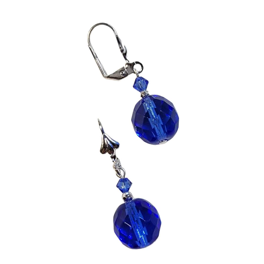 Czech Glass Sapphire Blue Round Faceted Dangle Earrings