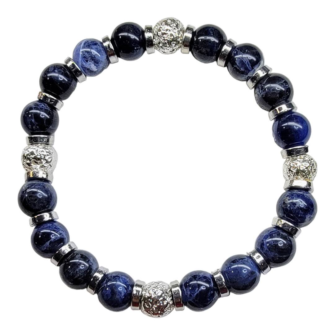 Blue Shiny Sodalite Silver Lava Silver Disc Stretchy Bracelet