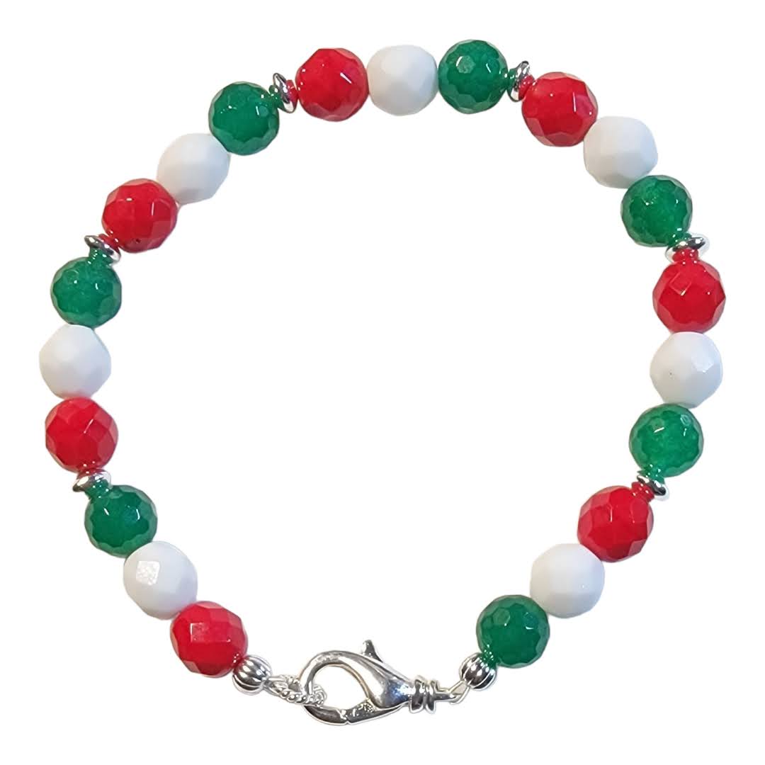 Italian Flag Faceted Solid Glass Beads Silver Bracelet