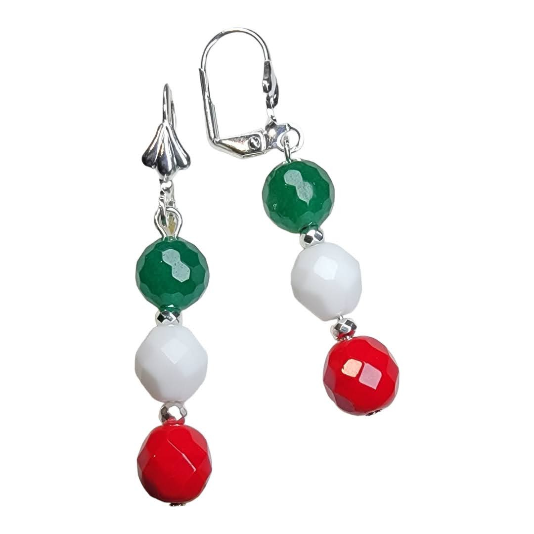 Italian Flag Solid Glass Bead Tight Dangle Silver Earrings