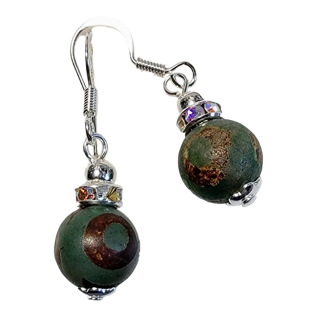 Green/Brown Tibetan Agate Silver Tone Earrings