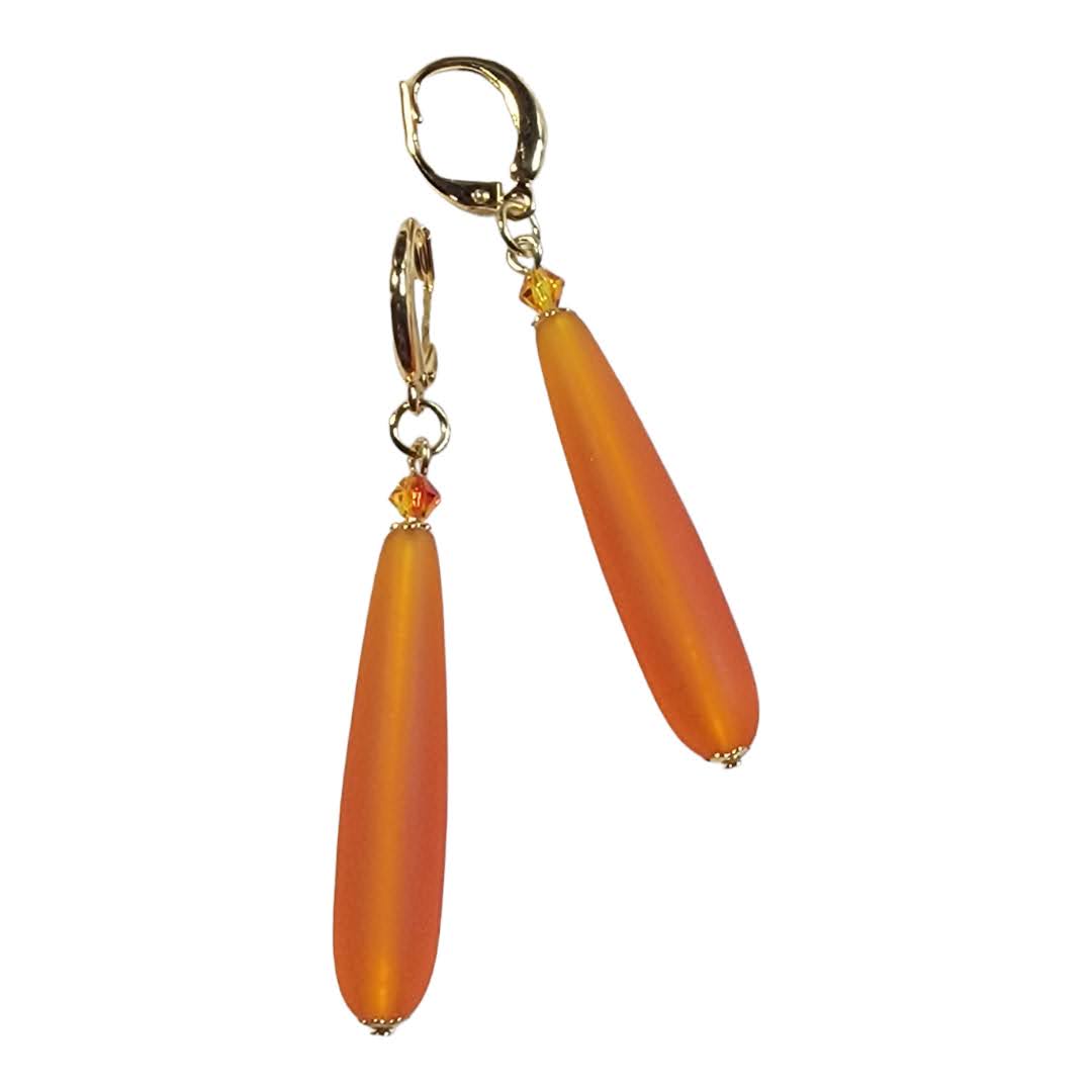 Orange Matte Czech Glass Tear Drop Swarovski Crystal Dangle Earrings
