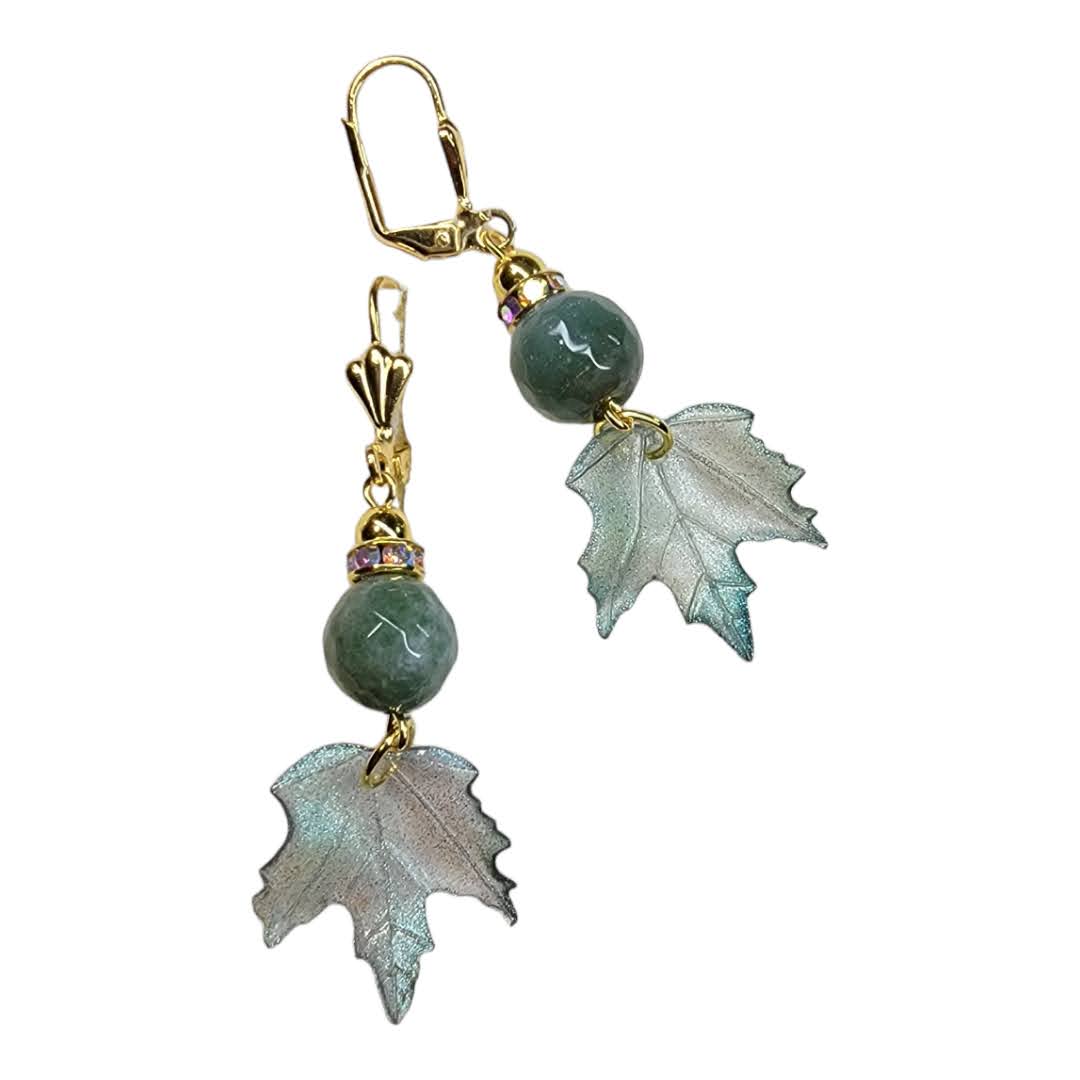Green Agate Acrylic Leaf Gold Dangle Earring