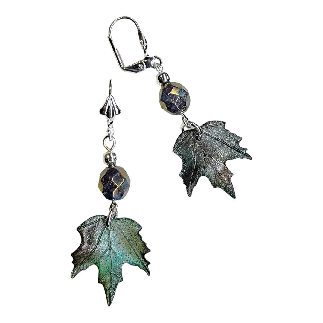 Bronze Green Czech Glass Faceted Acrylic Leaf Silver Dangle Earring