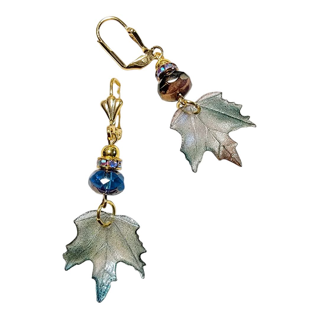 Aqua/Bronze Faceted Beaded Acrylic Leaf Gold Dangle Earring