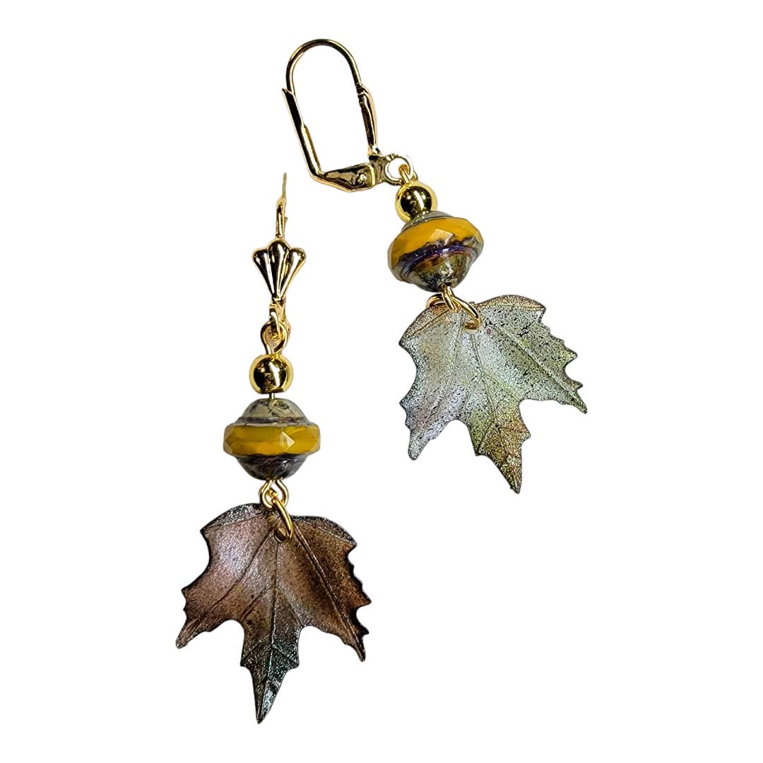 Yellow Picasso Czech Glass Beads Acrylic Leaf Gold Dangle Earring