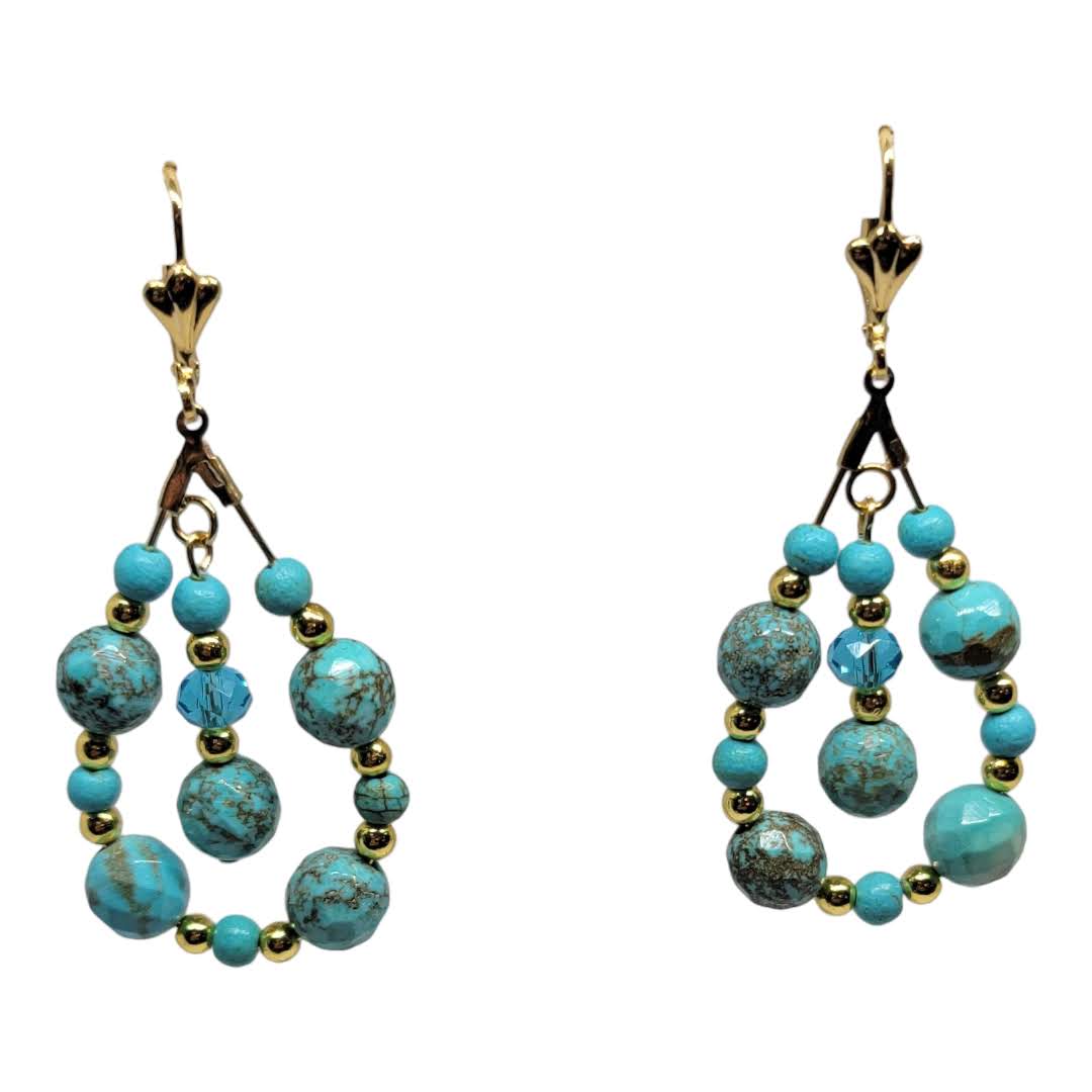 Genuine Turquoise Stone Faceted Beads Chandelier Dangle Earrings