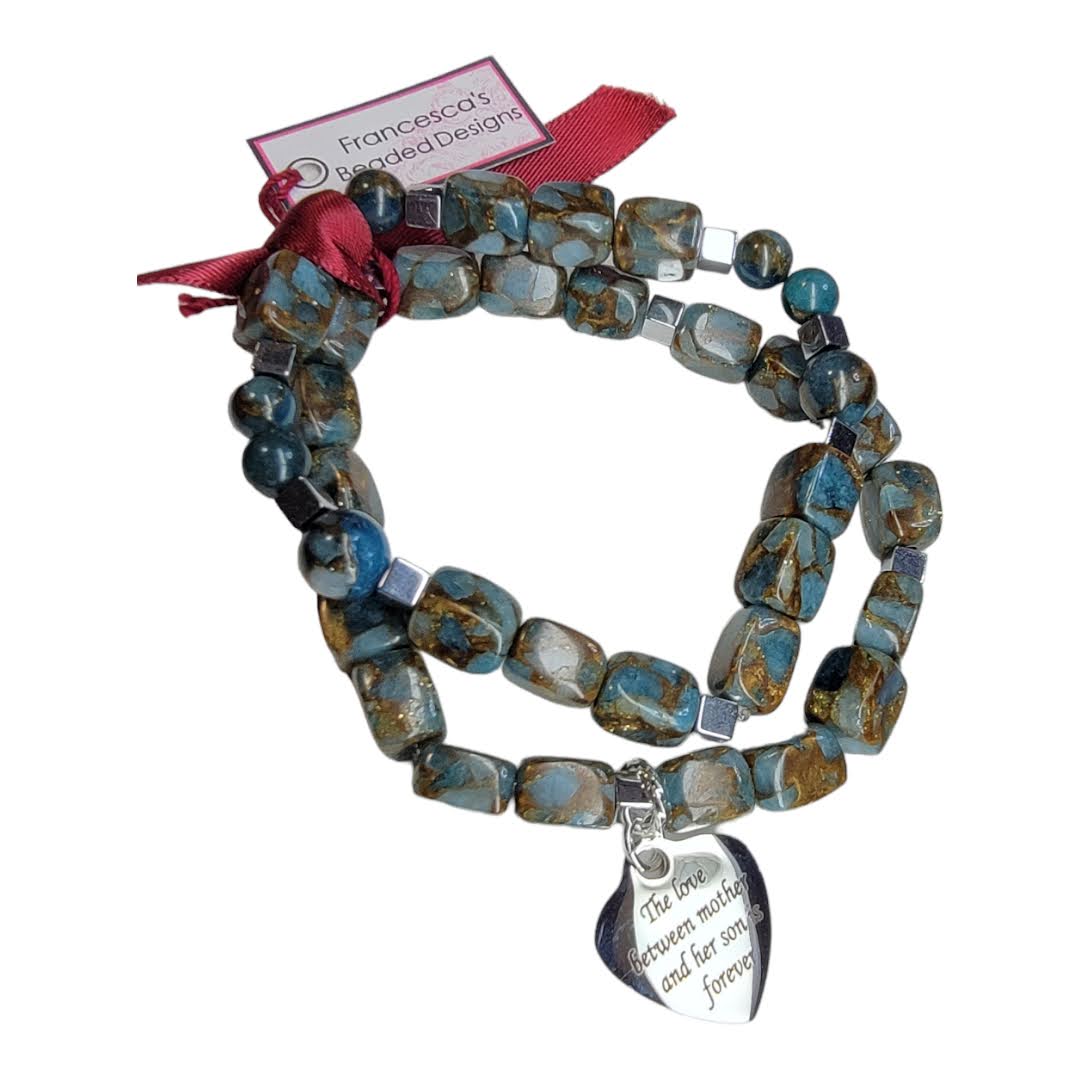 Mother Son Twin Cube Jasper Silver Accent Stretchy Bracelet Set