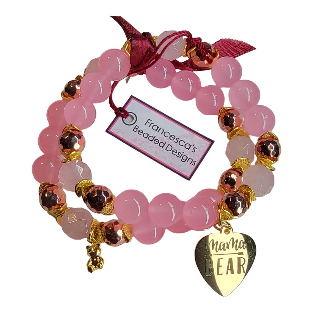 Mamma Bear Gold Charm Silver Accent Stretchy Bracelet Set