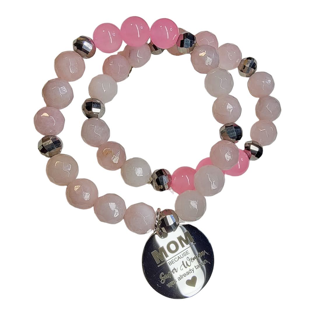 Mother Son Pink Quartz Silver Accent Stretchy Bracelet Set