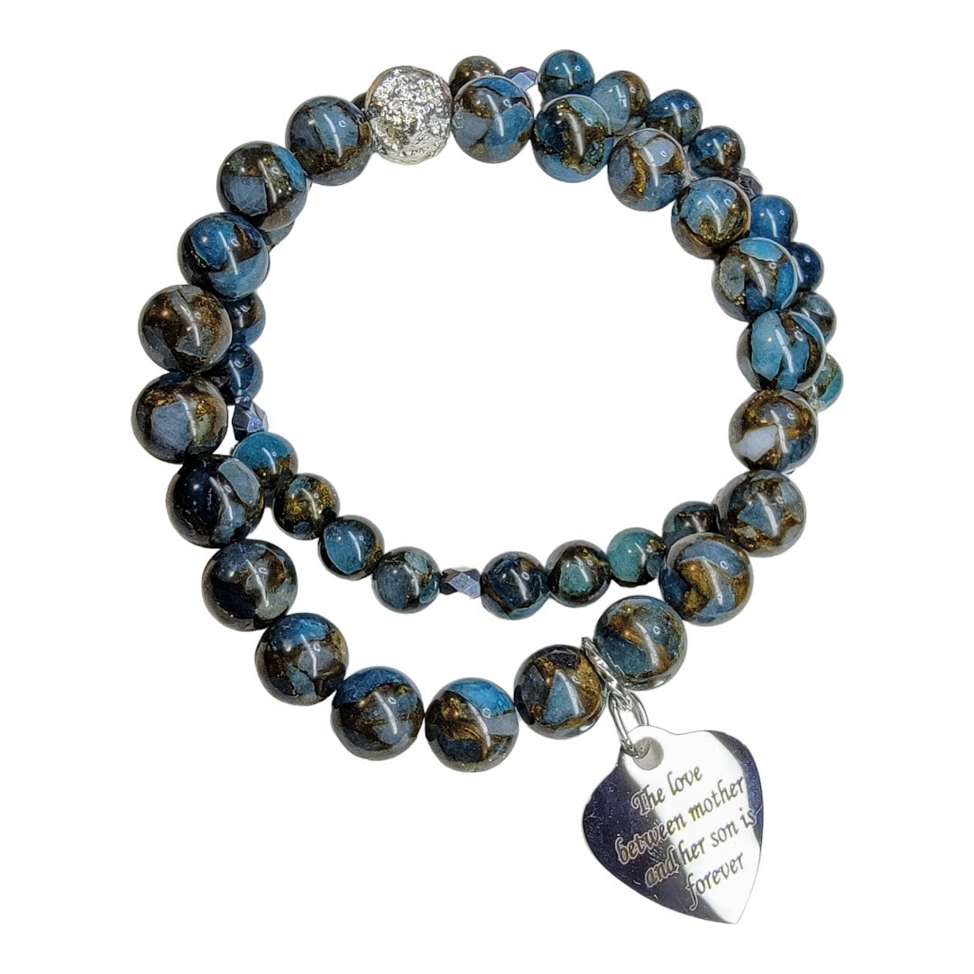 Mother Son Twin Blue Green Jasper Silver Accent Stretchy Bracelet Set