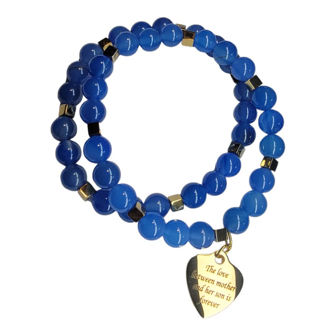 Mother Son Blue Agate Gold Cube Accent Stretchy Bracelet Set