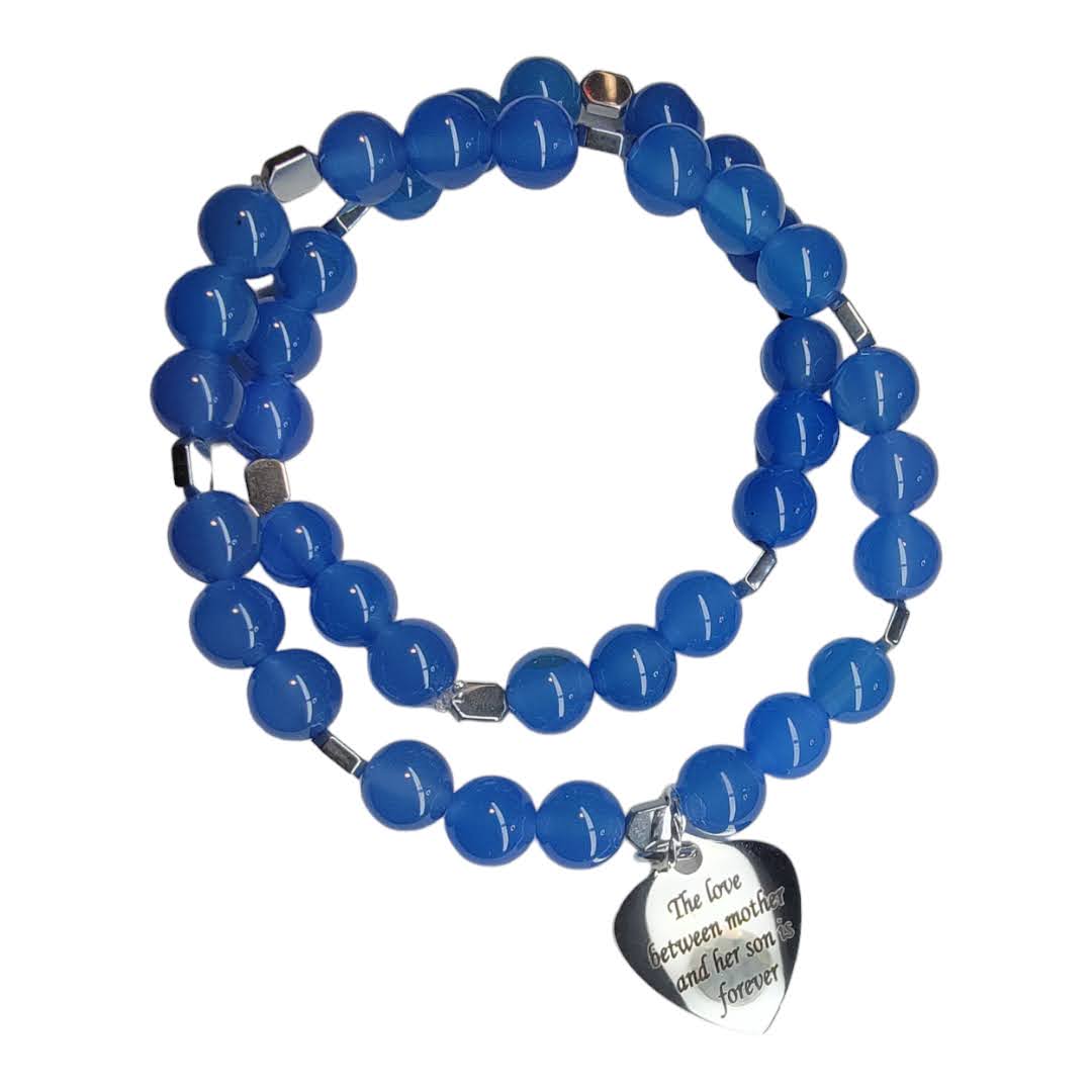 Mother Son Blue Agate Silver Hexagon Accent Stretchy Bracelet Set