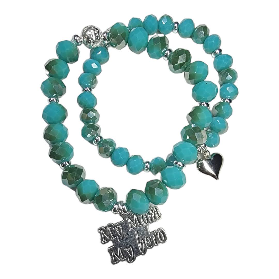 My Mom My Hero Aqua Faceted Czech Glass Silver Accent Stretchy Bracelet Set