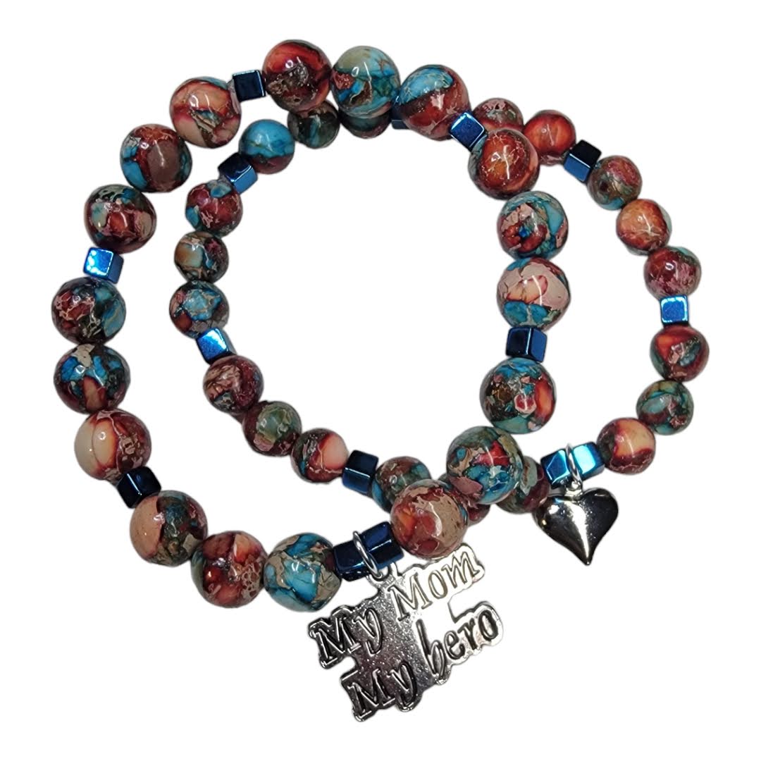Mother Son Twin Red Blue Jasper Mom Hero Silver Accent Stretchy Bracelet Set