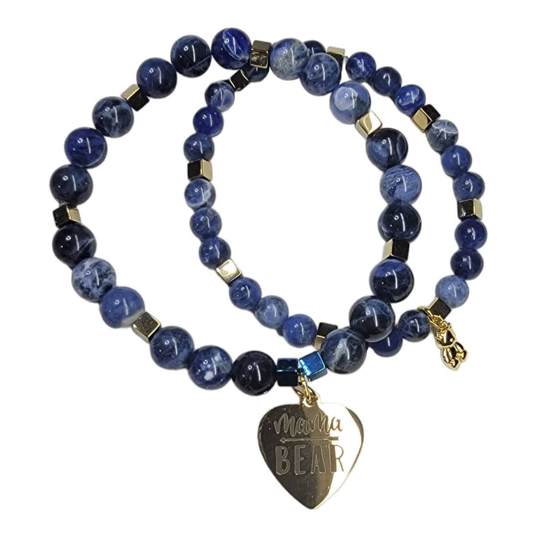 My Mom My Hero Blue Sodalite Gold Accent Stretchy Bracelet Set