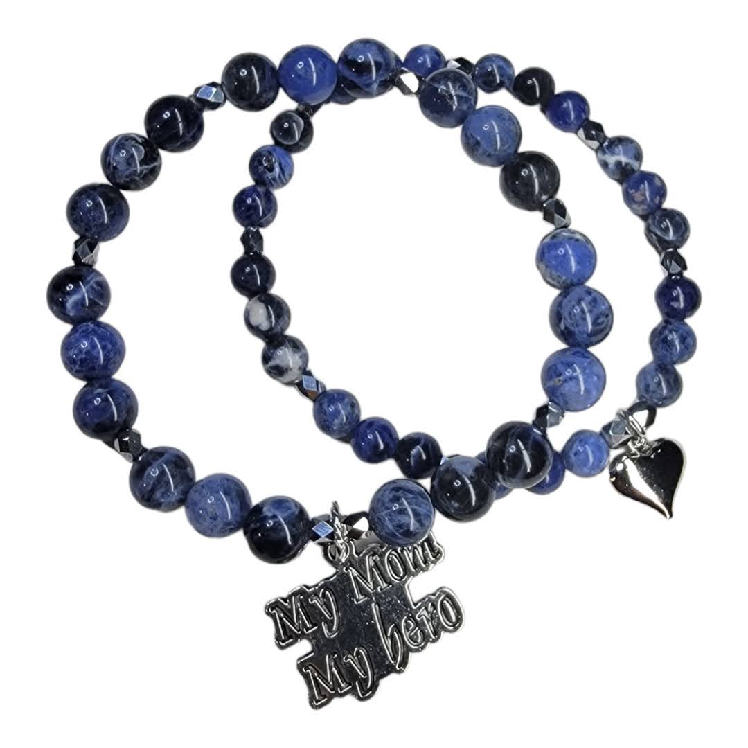 My Mom My Hero Blue Sodalite Silver Accent Stretchy Bracelet Set